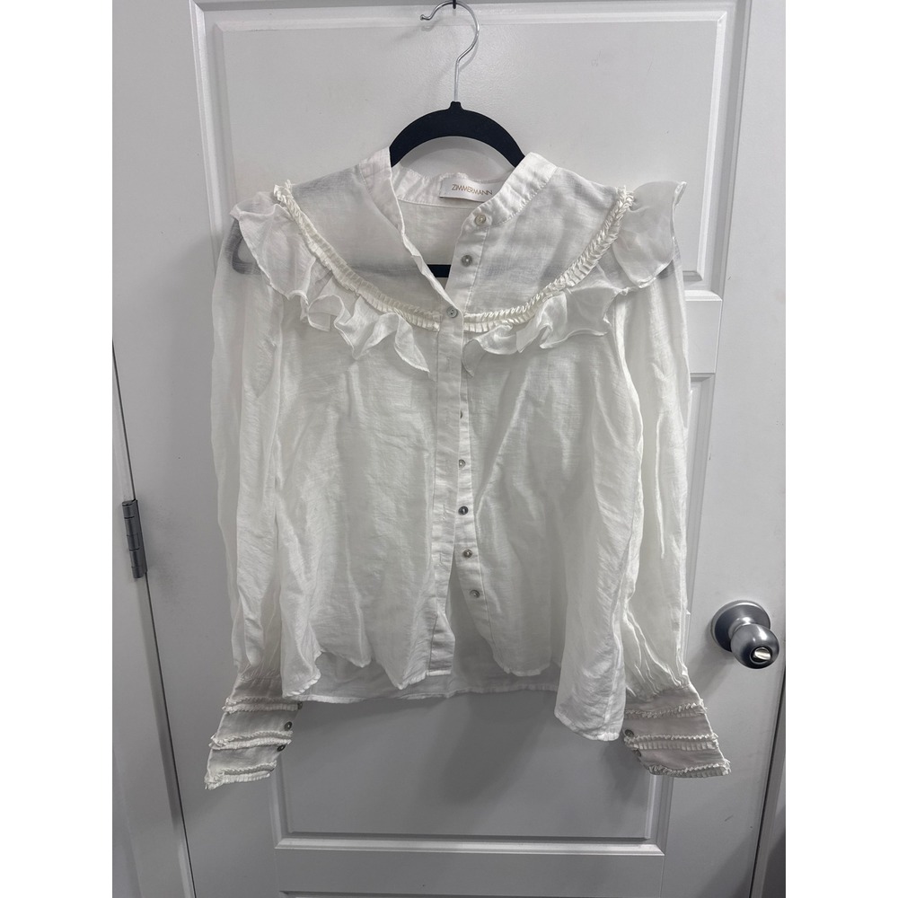 Zimmermann White Ruffle Trim Button Down Blouse Linen Cotton Blend Womens Medium